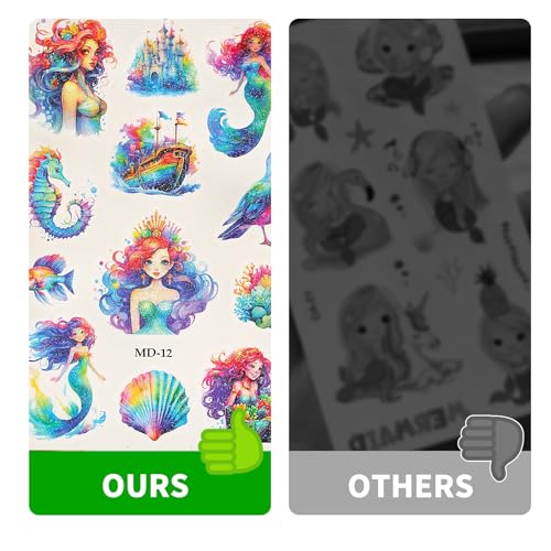 SUNAI Mermaid Temporary Tattoos - 145Pcs Glitter Styles, 12 Sheets
