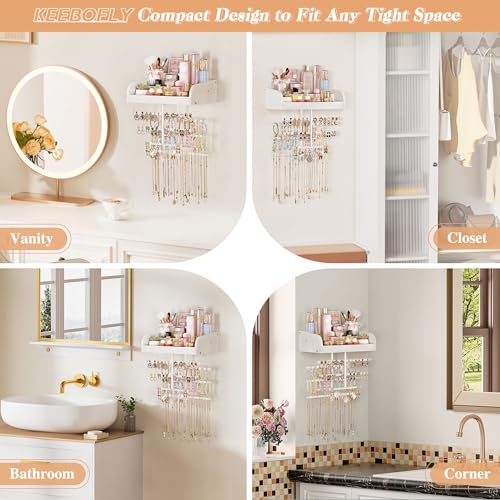 Keebofly Wall Mounted Jewelry Organizer 7-in-1 with Large Stepped Rustic Whitewood Shelves - Iron Jewelry Holder for Earring, Necklace, Bracelet Storage + Makeup/Perfume/Nail Polish Display