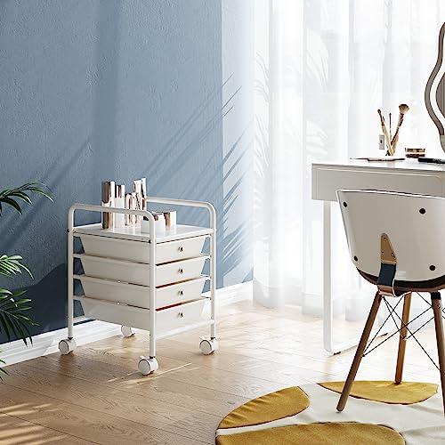 Shrivee White 4-Tier Utility Cart with 4 Drawers, Lockable Casters, Multipurpose Mobile Storage
