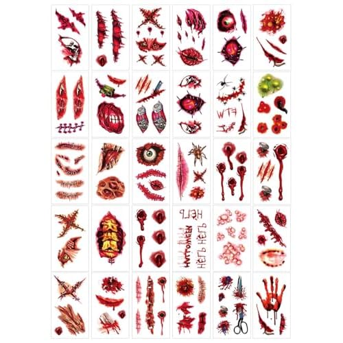 YouNuo 30 Sheets Halloween Temporary Tattoos, Horror Stitch Scar Scab Zombie Makeup Tattoos Stickers, Realistic Bloody Fake Wound for Chucky Costume Party, Women & Men, Waterproof
