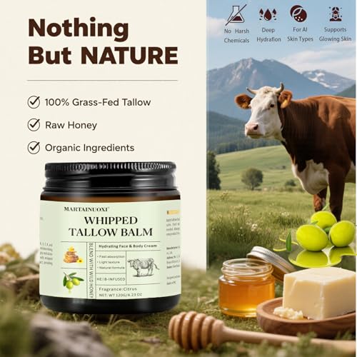 Beef Tallow Face Moisturizer - Tallow and Honey Balm with Orange Blossom, Intensely Hydrating for Dry Skin, Natural Whipped Cream for Face & Body, in Glass Jar, 4.23 oz (120g)