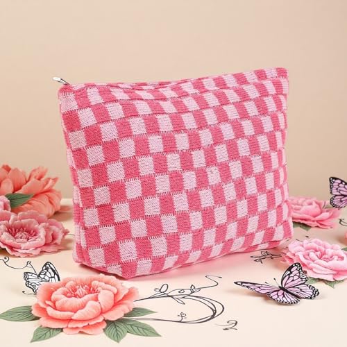 12 PACK Checkered Makeup Bags Bulk-Easter Gifts/Bulk Cosmetic Bags/Large Bridesmaid Gifts/Makeup Pouch for Wedding Party Favors Birthday/Teacher/Mothers Day Gifts/Toiletry Travel Bags(12, Pink)