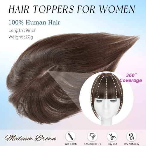 Hair Toppers for Women Real Human Hair, 360¡Æ Cover Clip in Bangs Medium Brown Wispy Bangs HairPieces for Women Daily (Medium Brown, 3D Bangs)