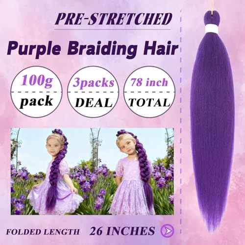 Purple Braiding Hair 26 Inch Pre Stretched Synthetic Braiding Hair for Braids, Rumi Hair 3 Packs Purple Hair Extensions for Braids DIY Ponytail Cosplay Halloween Costumes (26 Inch 3 Packs)