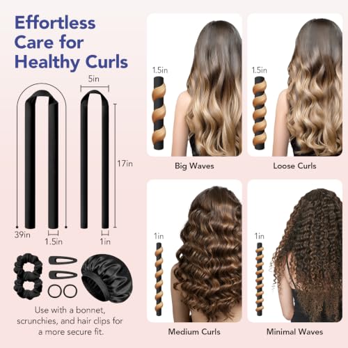 LitBear Black Heatless Curlers Set with Bonnet & Accessories for Long & Medium Hair
