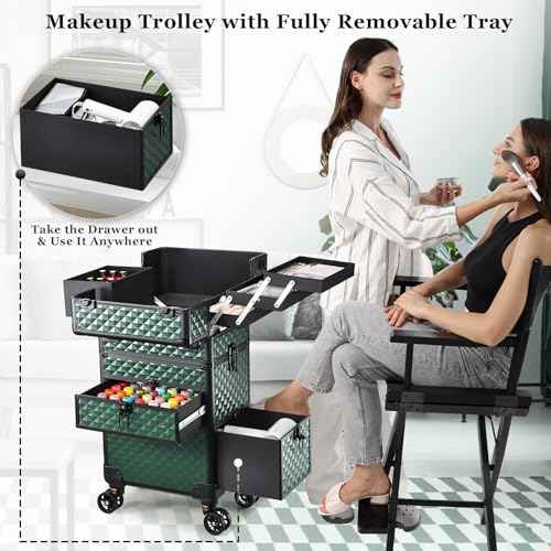 Joligrace Rolling Makeup Case with Wheels & Drawers Large Professional Cosmetology Trolley Case Travel Cosmetic Storage Train Cases for Nail Technicians, Makeup Artist and Hairstylist Dark Green