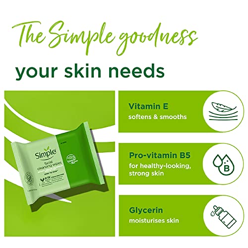 Simple Kind to Skin Cleansing Facial Wipes, 25 Count (Pack of 6)