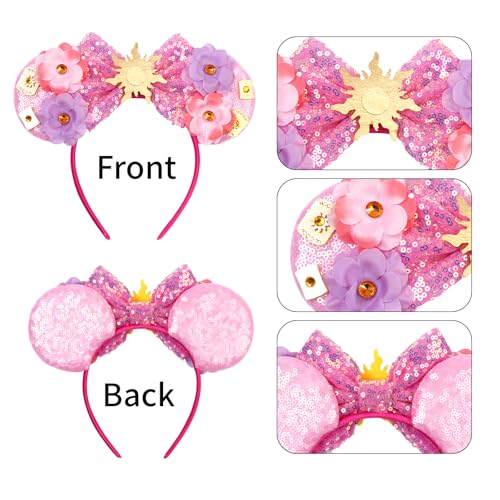 bianbaistar Pink Sun Flower Mouse Ears Headband with Sequin Bow – Stretchy Adult Headband