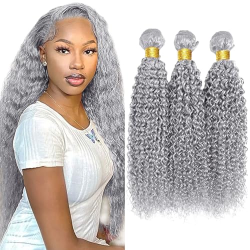 Fridnae Silver Grey Kinky Curly Human Hair Bundles 24-28 Inch, 150g Each - Authentic Virgin Brazilian Hair