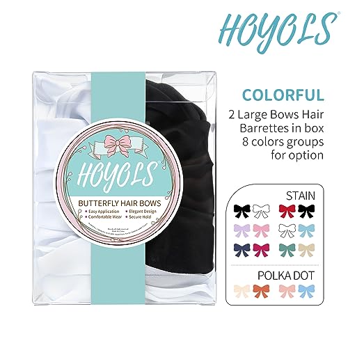 Hoyols White Big Hair Bows Clips Barrettes for Girls Women, Large Satin Hair Ribbon Hairbow for Cute School Girl Accessories Bowknot for Thick Long Hair Styling Wedding 2 Count (Black & White)