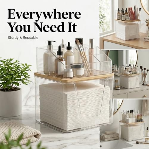 2-Tier Facial Towel Holder with Bamboo Lid & Makeup Organizer