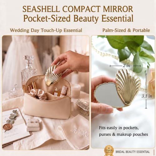 Gold Seashell Compact Mirror with Rotating Shell Design - Bridesmaid Gift