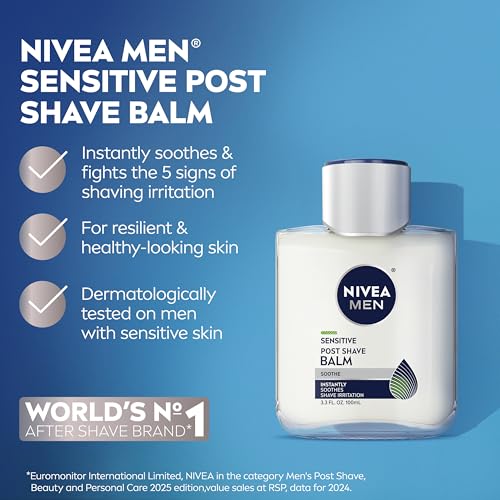 NIVEA MEN Sensitive Post Shave Balm, with VitaminPro Complex, Alcohol Free After Shave Balm for Men, 3.3 Fl Oz Bottle, Pack of 3