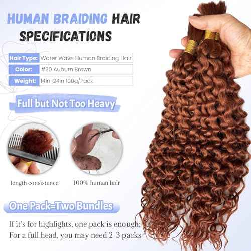 Human Braiding Hair for Boho Braids 24 Inch 100G #30 Auburn Brown Deep Water Wave Boho Human Hair Curly Braiding Bundles No Weft Wet and Wavy Brown Bulk Human Hair for Knotless Braids