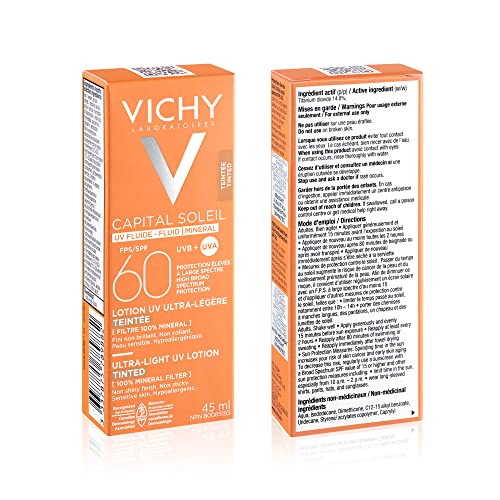 Vichy Capital Soleil Tinted Mineral Sunscreen for Face SPF 60, Titanium Dioxide Face Sunscreen, Travel Size Sunscreen, Water Resistant, Light weight Sun Protection Creams, Gels, & Lotions