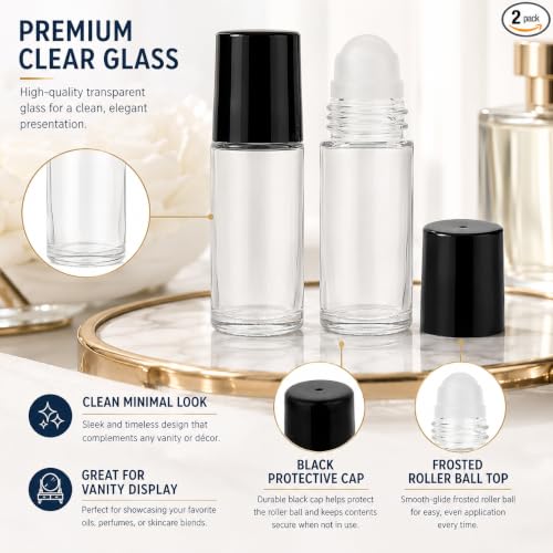 2Pcs 30ml Glass Roller Bottle Set with Black Lids & Stainless Roller Balls