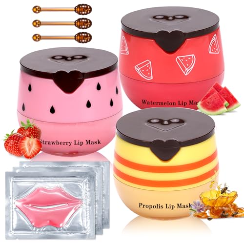 3PCS Bee Lip Balm Honey Pot, Honey Strawberry Watermelon Lip Mask Sleeping Honey Lip Mask Overnight Hydrating Propolis Honey Pot Lip Balm for Cracked & Dry Lips Care with Pink Lip Mask