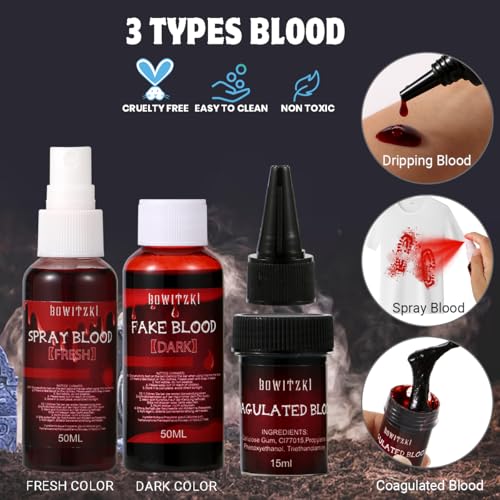 Bowitzki Fake Blood & Liquid Latex Kit,Pro SFX Makeup Set with 50ml Dark Fake Blood, 50ml Fresh Spray Blood, 2pcs Liquid Latex,Coagulated Blood, Sponge & Spatula for Halloween, Cosplay