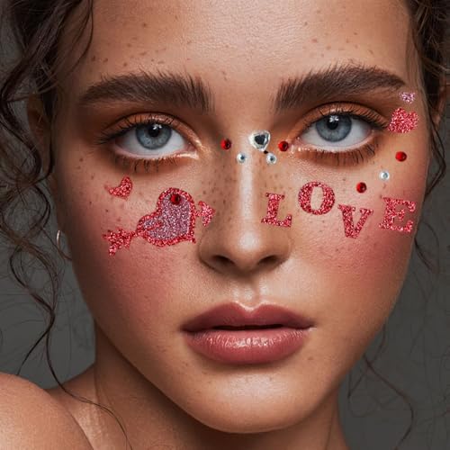 3PCS Valentine's Day Face Heart Gems Stickers for Women Girls Eyes Body Face Glitter Rhinstone Temporary Tattoos Red Love Self Adhesive Stick for Makeup Holiday Party Supplies
