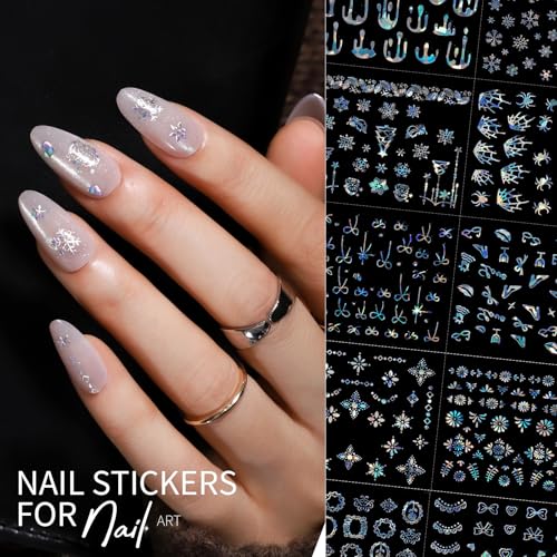 Teenitor 50 Sheets Laser Silver Aurora Nail Art Stickers - 3D Decals