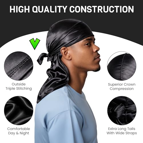 Veeta Superior Silk Durag for Men & Women - Smooth Satin, Extra Long Straps
