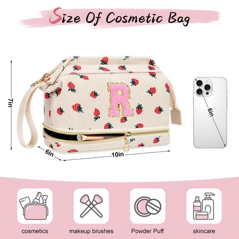 DTBG Personalized Initial Makeup Bag,Strawberry Quilted Makeup bag Christmas Gifts for Girls,Double Layer Travel cosmetic Bag with Make up Brush Organizer,Cute Travel Toiletry Pouch-M