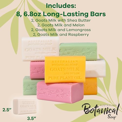 Australian Botanical Milk Soap Bars, 6.6 OZ French Triple Milled Soap for All Skin Types - Lemongrass, Melon, Raspberry, and Shea Butter, Pack of 8 - Packaging May Vary