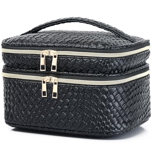 Pinkmik Travel Makeup Bag for Women Double Layer Cosmetic Bag with Jewelry Organizer Large Waterproof Toiletry Bag for Traveling Portable Makeup Storage Box (A/Black)