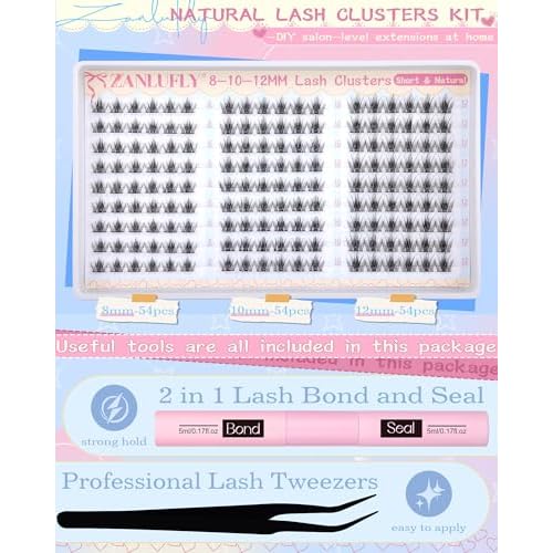Natural Lash Clusters Kit 8-10-12mm Short Eyelash Clusters Kit Wispy Cluster Eyelash Extensions C Curly Individual Lash Extensions DIY Eyelash Extension with Lash Bond and Seal, Tweezers by ZANLUFLY