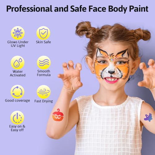 Janolia UV Fluorescent Face Paint Kit - 8 Colors, Water Activated