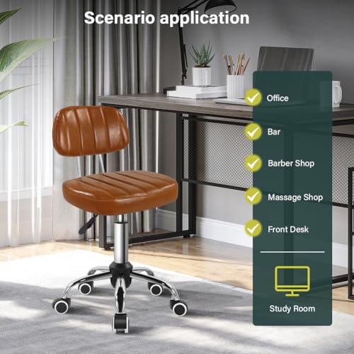 Square Swivel Stool with Wheel for Work SPA Shop Massage Height-Adjustable and Cost-Effective Rolling Stool Chair with Back (Brown)