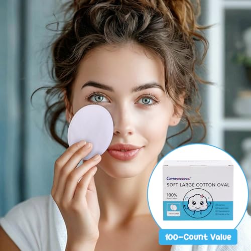 Cottonessence Large Oval Cotton Pads (100 Count) - 100% Pure Cotton Makeup Pads
