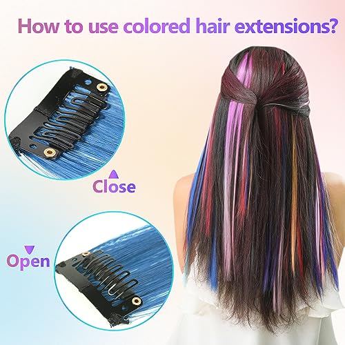 22Pc Colored Clip-In Hair Extensions - Rainbow Highlights Set
