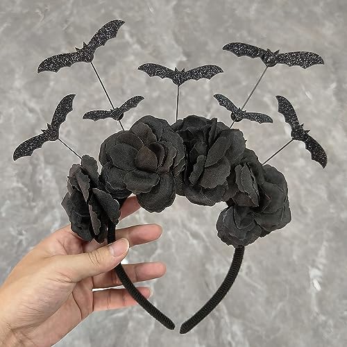 CIVFCRT Halloween Black Bat Headband Halloween Black Flowers Day of the Dead Headband for Woman Cosplay Party Costume Accessories（Multiple Bats）