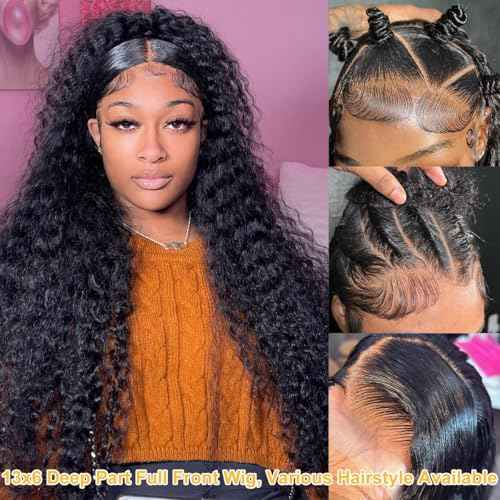 13x6 Deep Wave Lace Front Wigs Human Hair Curly Wigs for Women 200% Density Deep Wave Lace Frontal Wet and Wavy Wigs Human Hair Pre Plucked with Natural Hairline Natural Color 36 Inch