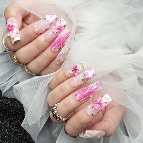 Pink Summer Floral Press On Nails 10pcs, 3D Flower Tropical Beach Nail Set with Gold Shells Rhinestones, Pastel Gradient Mermaid Fake Nails for Women, Acrylic UV Gel Wearable Nails (Pink, S)