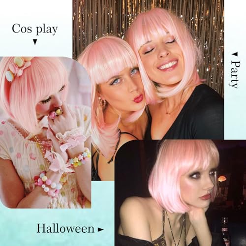 Light Pink Bob Wig with Bangs - Short Synthetic Hair for Women & Cosplay (Can Be Trimmed) - NOVFLKW