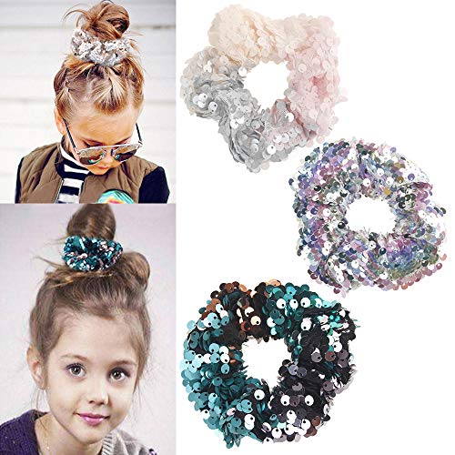 3Pcs Shiny Sequin Hair Scrunchies Hairbands, Women Elastic Glitter Fashion Scrunchie Hair Ties Ropes Hair Bands Headwear Ponytail Holders Bun Cover Hair Accessories for Gym Dance Party Club, A