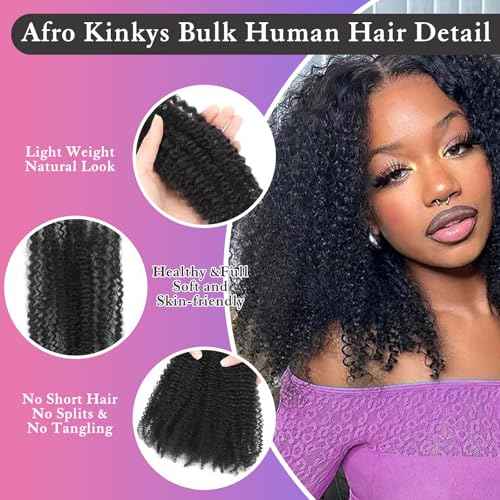 Afro Kinkys Bulk Human Hair for Dreadlocks Extensions Repair, Twist Braiding Afro Kinky Human Hair for Locs Natural Black Color 22 inches for Micro Locs Extensions 1 Pack 30 Gram£¨1B/22inch/30g£©
