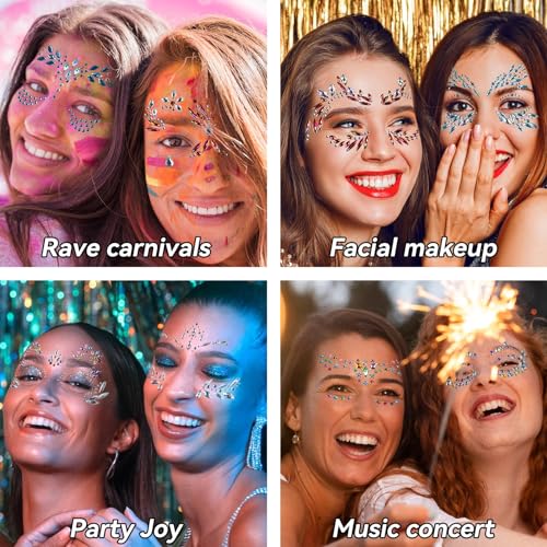 Face Gems Stickers 12 Sets - Body Glitter Rhinestones for Makeup