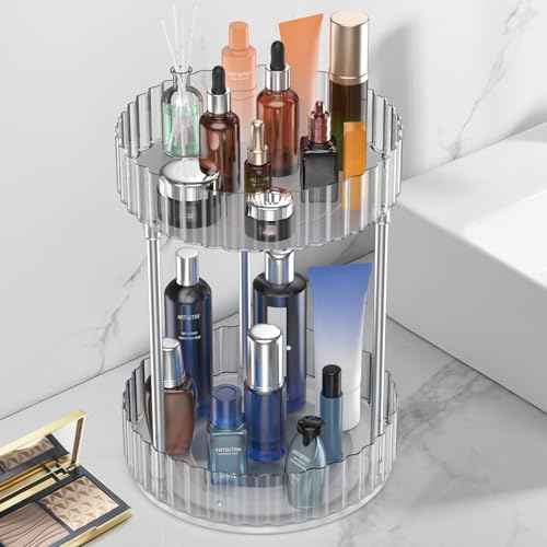 Makeup Organizer,360¡Æ Rotating Makeup Organizer, 2-Tier Round Rotating Skincare Organizer Countertop,Fits Bedroom, Bathroom, Vanity Shelf Countertop(Clear)
