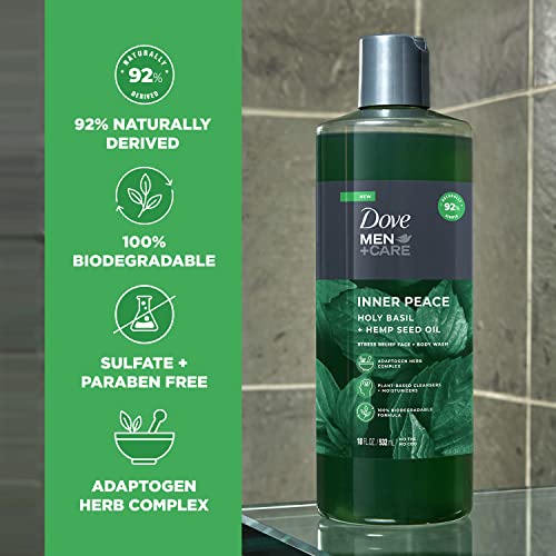 Dove Men+Care Body Wash Holy Basil + Hemp Seed Oil 4 Count to Rebuild Skin in the Shower with Plant-Based Cleansers and Moisturizers 18 oz