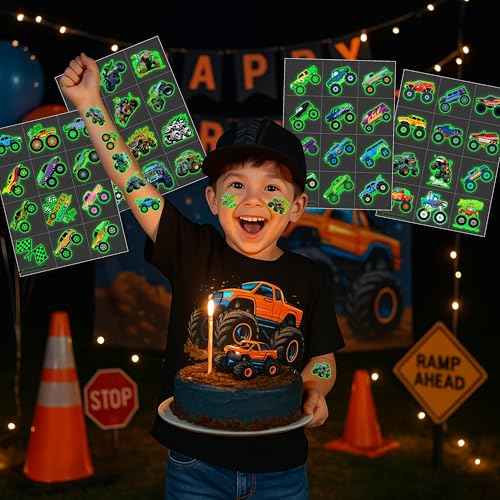 96PCS Monster Truck Pre-Cut Temporary Tattoos for Kids - Super Cute Birthday Party Supplies, Favors, and Decorations - Fake Tattoos Stickers for Boys, School Rewards, and Gifts (Luminous)