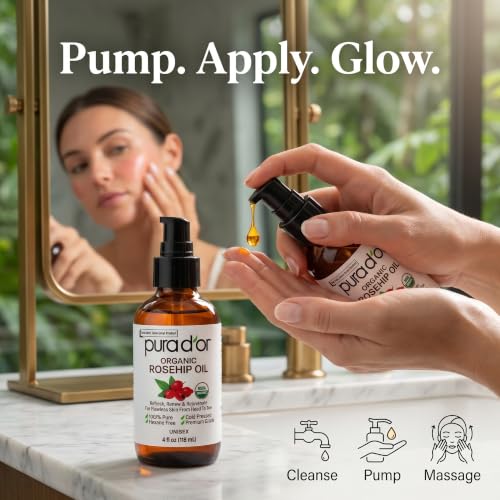 PURA D'OR Organic Rosehip Seed Oil - Pure Cold-Pressed Facial Oil (4oz)