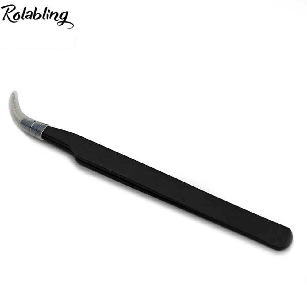 Rolabling 2pcs Elbow & Straight Black Nail Tweezers Rhinestone Picker Manicure Nail Art Tool (Set-1)