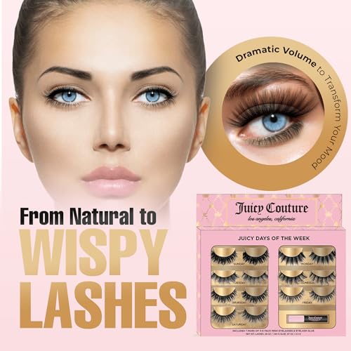 Juicy Couture 3D Faux Mink False Eyelashes - 14 Pairs with Applicator & Eyelash Glue, Wispy Natural Look, New Silky, Dramatic, Charming, Sassy & Extra Styles, Easy to Apply, Cruelty-Free & Reusable