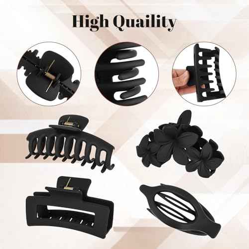 Hair Clips for Women: Non-Slip Strong Hold Jaw Claw Clips for Thin Thick Curly Hair, Classic Black Hair Claw Set Include Large, Square, Flower, Flat & Small Clips as Christmas Gift 12Pack(Set A)