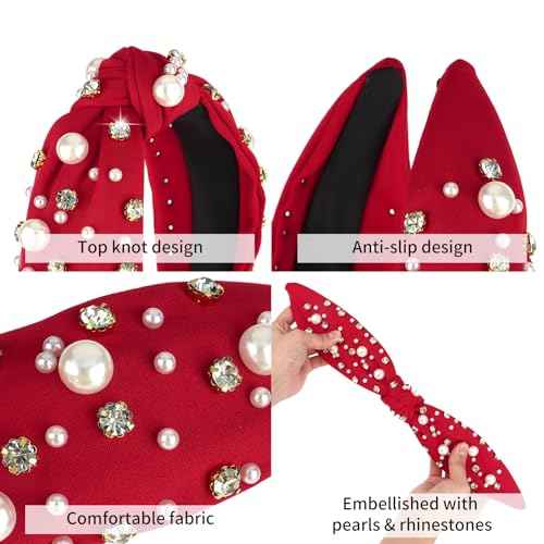 Red Headband for Women Pearl Knotted Headband Sparkly Rhinestone Pearls Top Knotted Headbands Womens Fashion Hair Accessories Cute Hair Bands