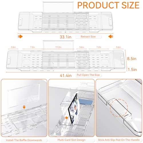 Expandable Bathtub Caddy Tray, Clear Acrylic Bath Shelf with Phone & iPad Holder