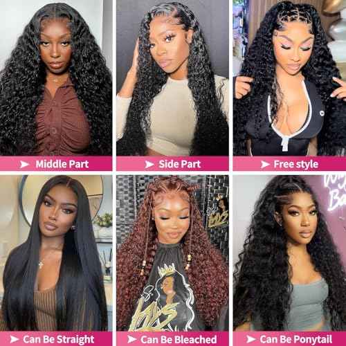 28 Inch 13x6 Lace Front Wigs Human Hair Water Wave 200 Density 13x6 HD Full Lace Frontal Wigs Pre Plucked Wet and Wavy Glueless Deep Curly Human Hair Wigs for Women Natural Black